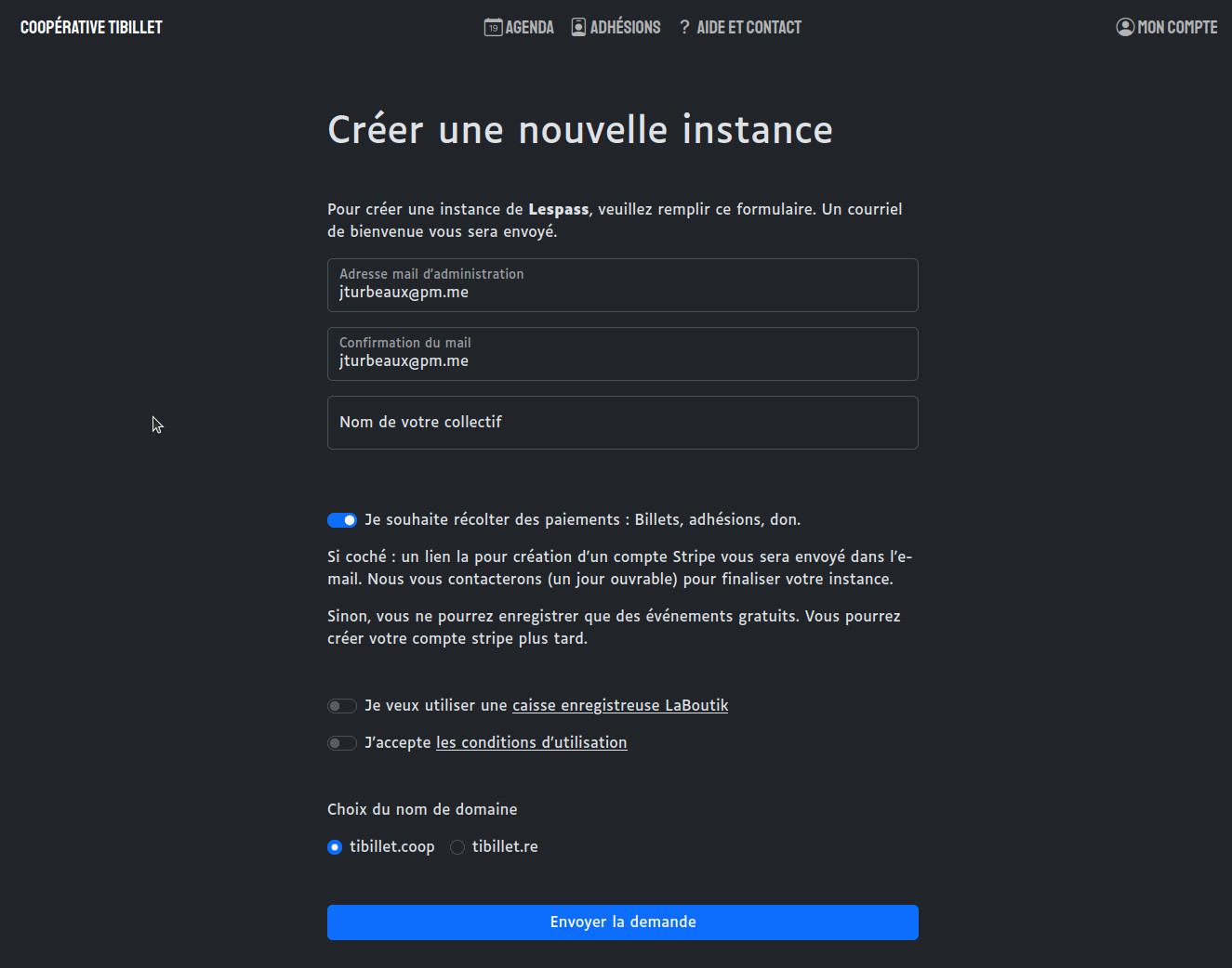 Créer un espace sans Stripe